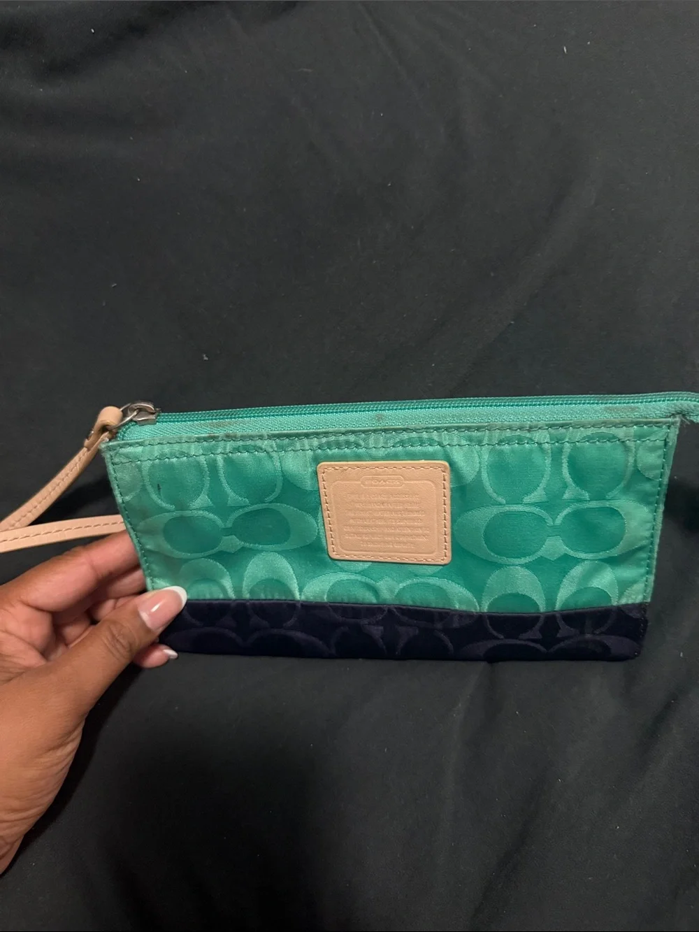 Coach Green and Navy Signature Wristlet with Tan Strap